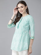 Women Sea Green & White Ethnic Motifs Printed Sequinned Pure Cotton Kurti