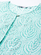 Women Sea Green & White Ethnic Motifs Printed Sequinned Pure Cotton Kurti