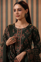 Women Green Ethnic Printed Pure Cotton Straight Kurta Set