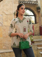 Women Green & Off White Ethnic Motifs Printed Pure Cotton Kurti