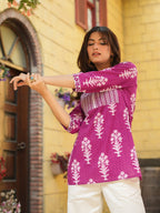 Women Wine & Off-White Printed Sequinned Pure Cotton Kurti