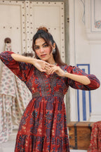 Printed V-Neck Fit and Flare Ethnic Dresses