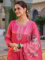 Women Floral Printed Regular Thread Work Pure Cotton Kurta with Trousers & With Dupatta