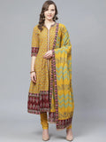 Women Mustard Coloured Kurta with Churidar & Dupatta