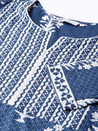 Women Navy Blue & Off White Printed Cotton A line Kurti