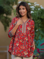 Women Red Floral Printed Pure Cotton A-line Kurti