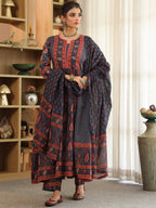 Women Ethnic Motifs Printed Pleated Pure Cotton Kurta with Trousers & With Dupatta