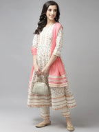 Women Cream and Pink Floral Printed Anarkali Kurta Set