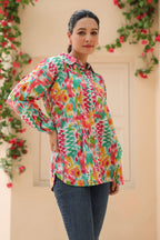 Women Abstract Printed Shirt Collar Pure Cotton Top