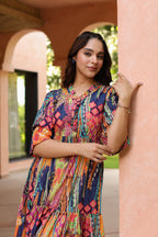 Women Ethnic Printed V Neck Ruffle Detail Dress