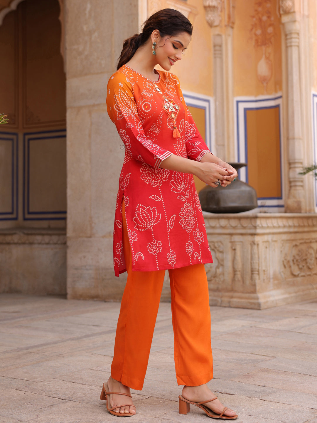 Women Bandhani Printed Tunic with Trousers Co-Ords