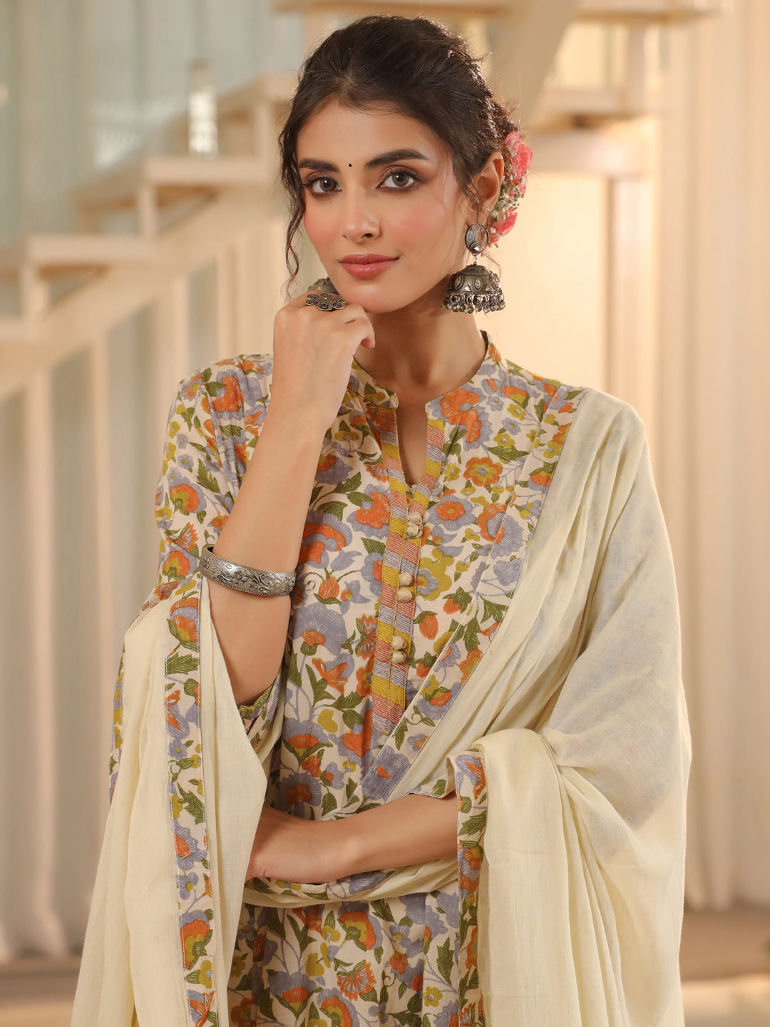Women Floral Printed Regular Pure Cotton Kurta with Trousers & With Dupatta