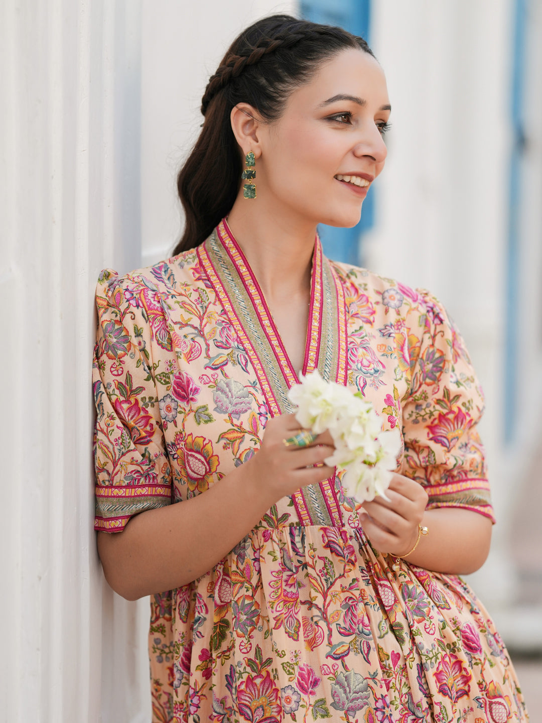 Women Floral Print Puff Sleeve Fit & Flare Cotton Midi Dress