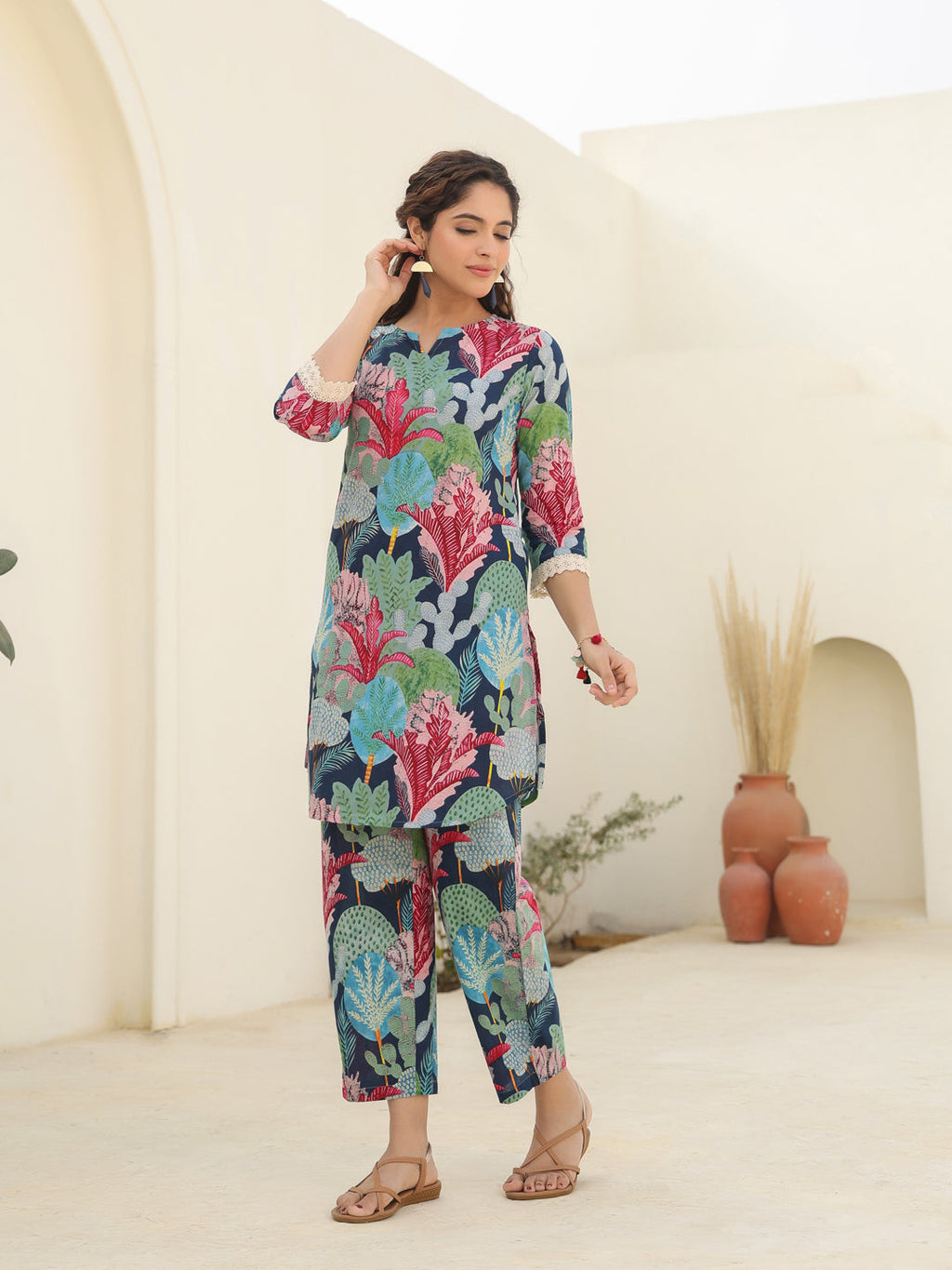 Floral Printed Pure Cotton Tunic With Trousers