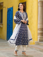 Women Ethnic Motifs Printed Regular Thread Work Pure Cotton Kurta with Trousers & With Dupatta