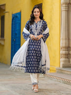 Women Ethnic Motifs Printed Regular Thread Work Pure Cotton Kurta with Trousers & With Dupatta