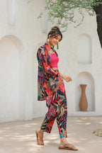 Printed Shoulder Straps Smocked Pure Cotton Crop Top With Trouser & Shirt