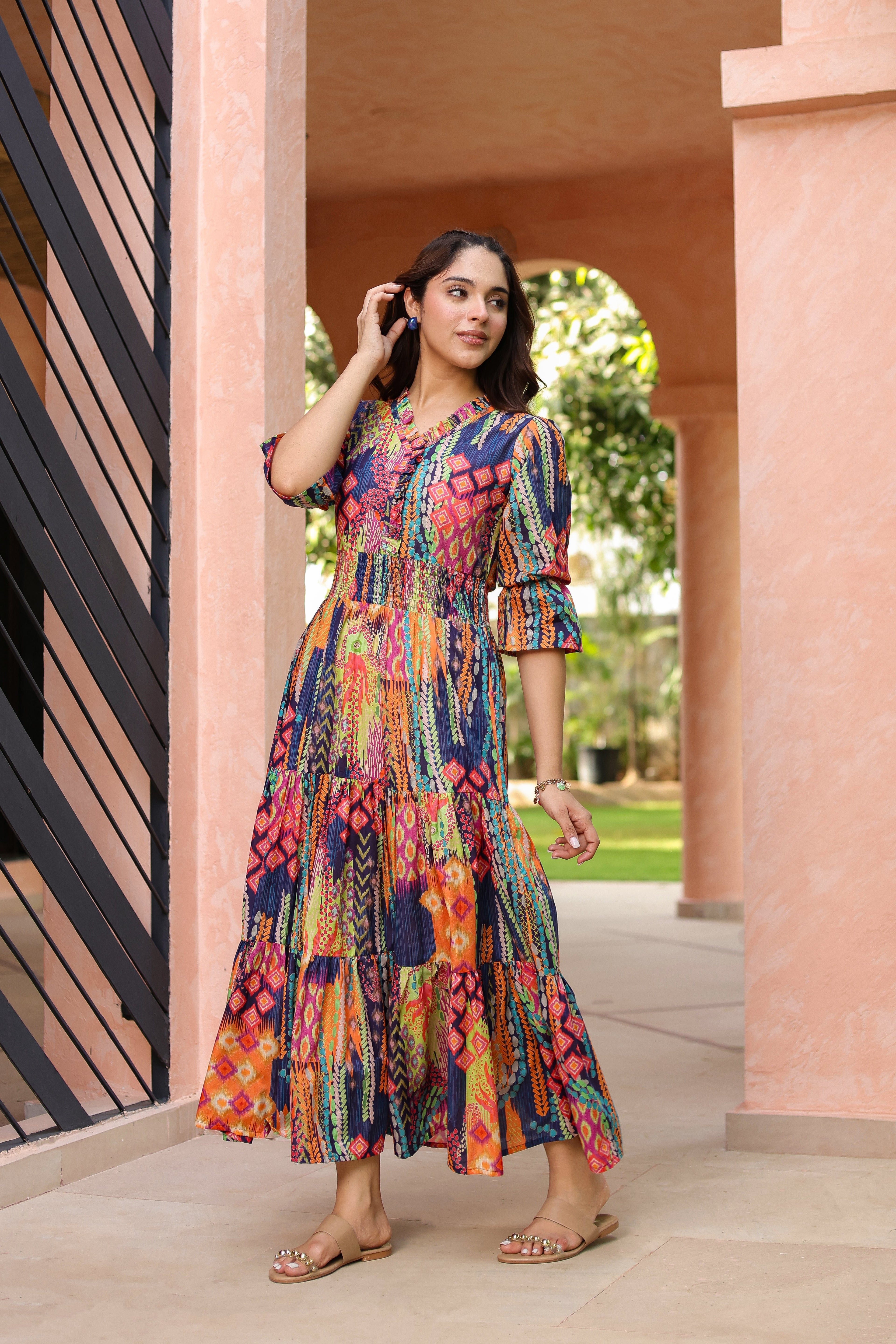 Women Ethnic Printed V Neck Ruffle Detail Dress