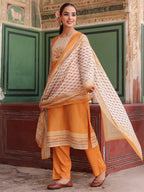 Women Printed Chanderi Cotton Kurta with Trousers & Dupatta