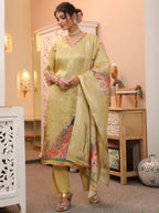 Peacock Printed Thread Work Chanderi Cotton Kurta With Trousers & Dupatta