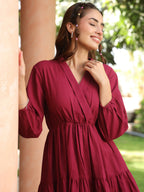 Women Solid Tiered Wrap Pure Cotton Mini Dress