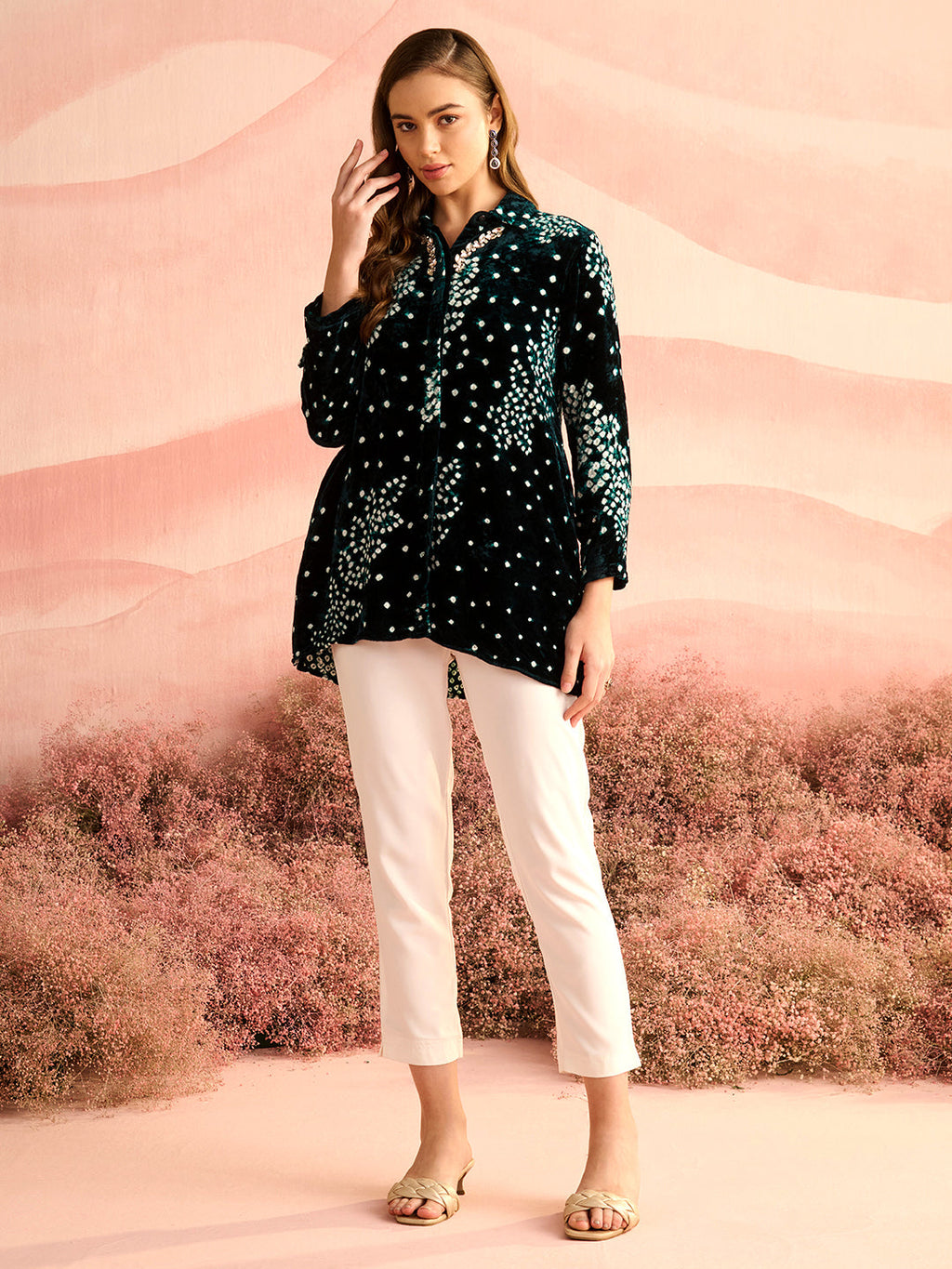 VELVET EMERALD GREEN BANDHEJ KILA SHIRT