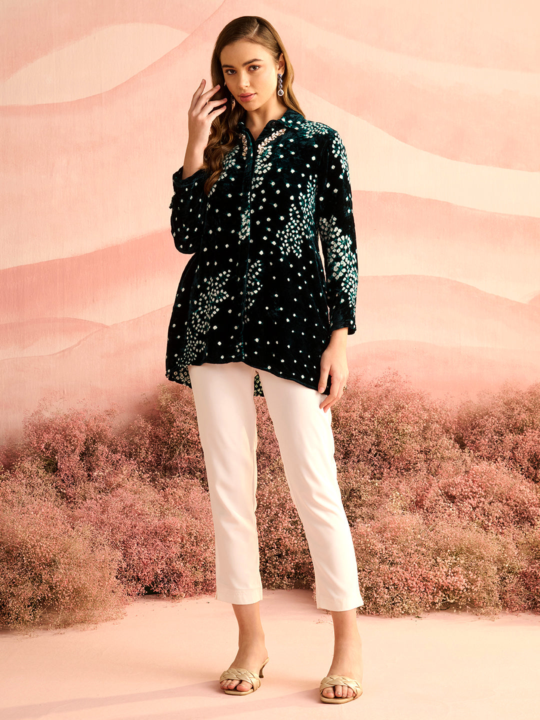 VELVET EMERALD GREEN BANDHEJ KILA SHIRT