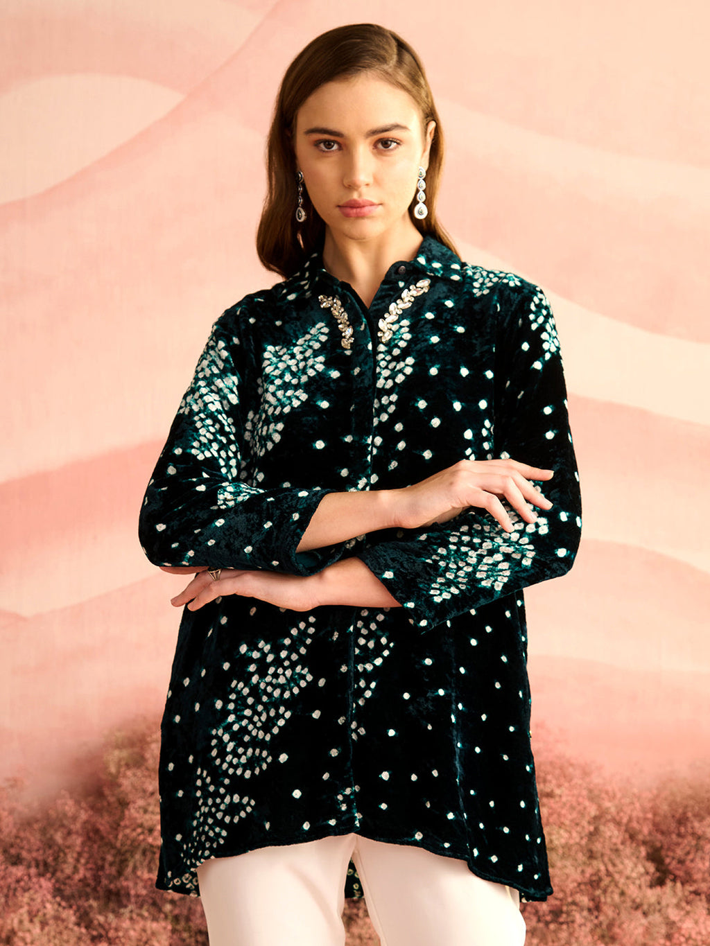 VELVET EMERALD GREEN BANDHEJ KILA SHIRT