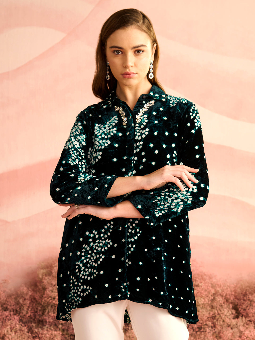 VELVET EMERALD GREEN BANDHEJ KILA SHIRT