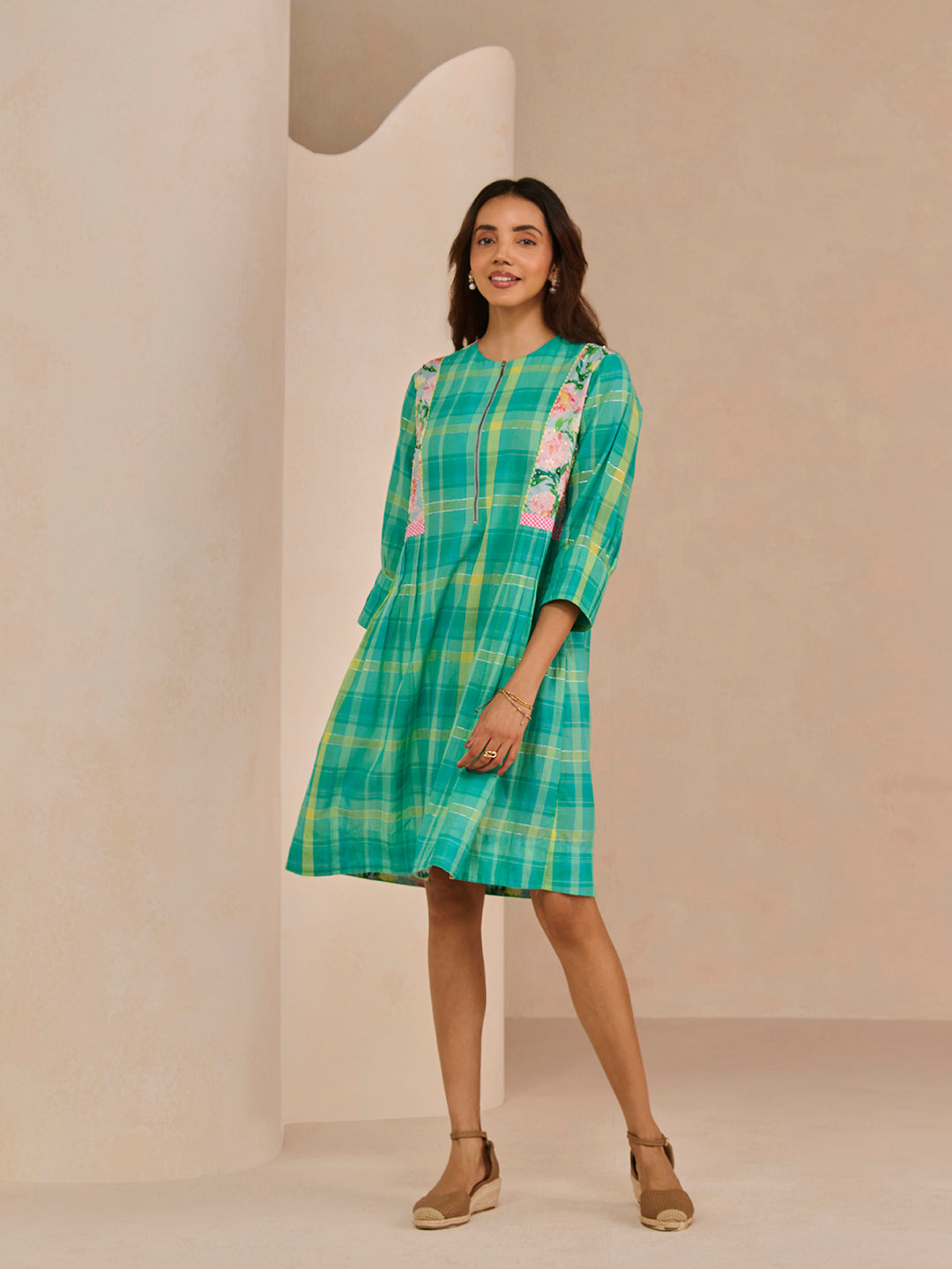 TURQ AQUA CHECK BRANCH DRESS