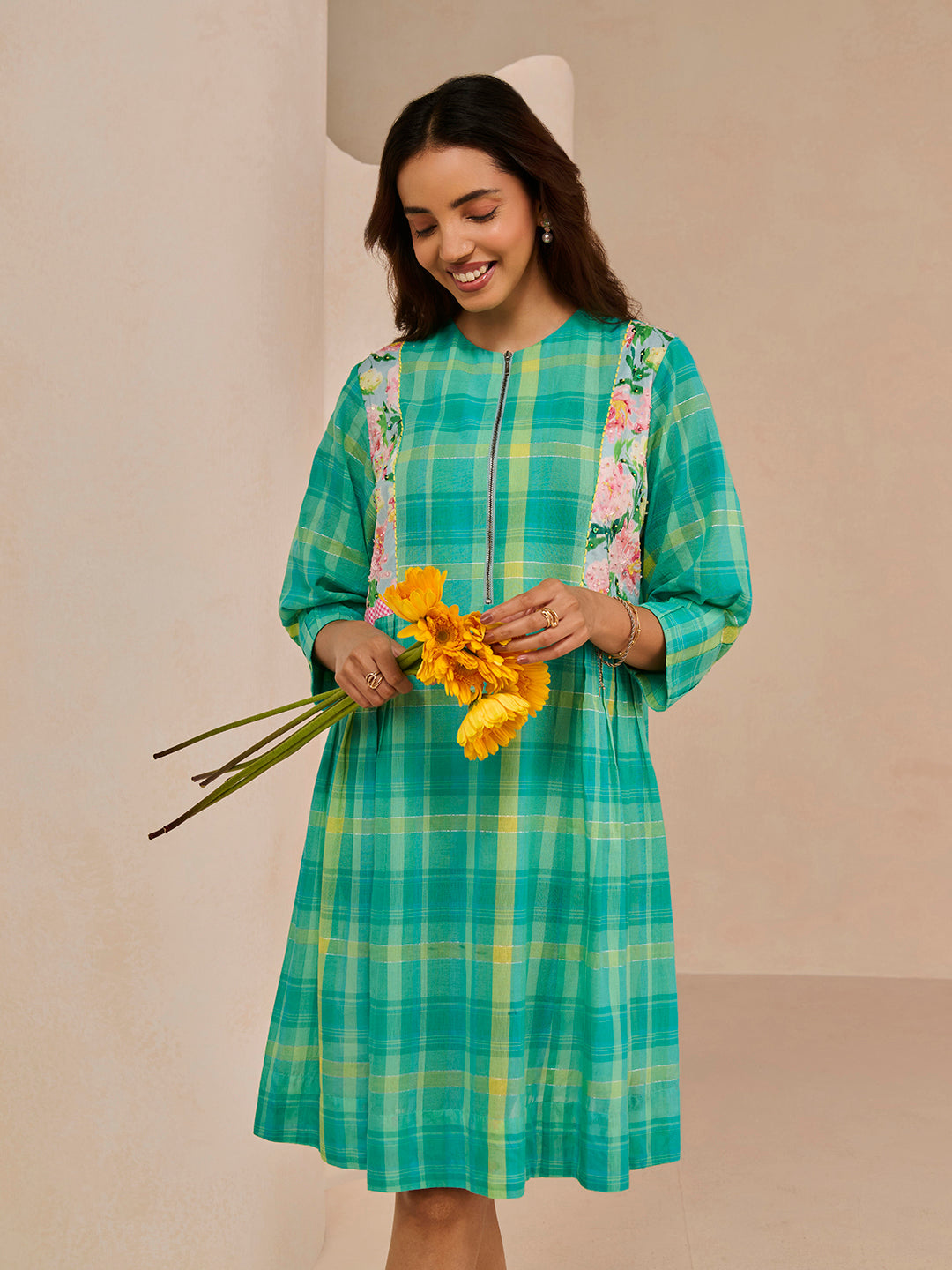 TURQ AQUA CHECK BRANCH DRESS