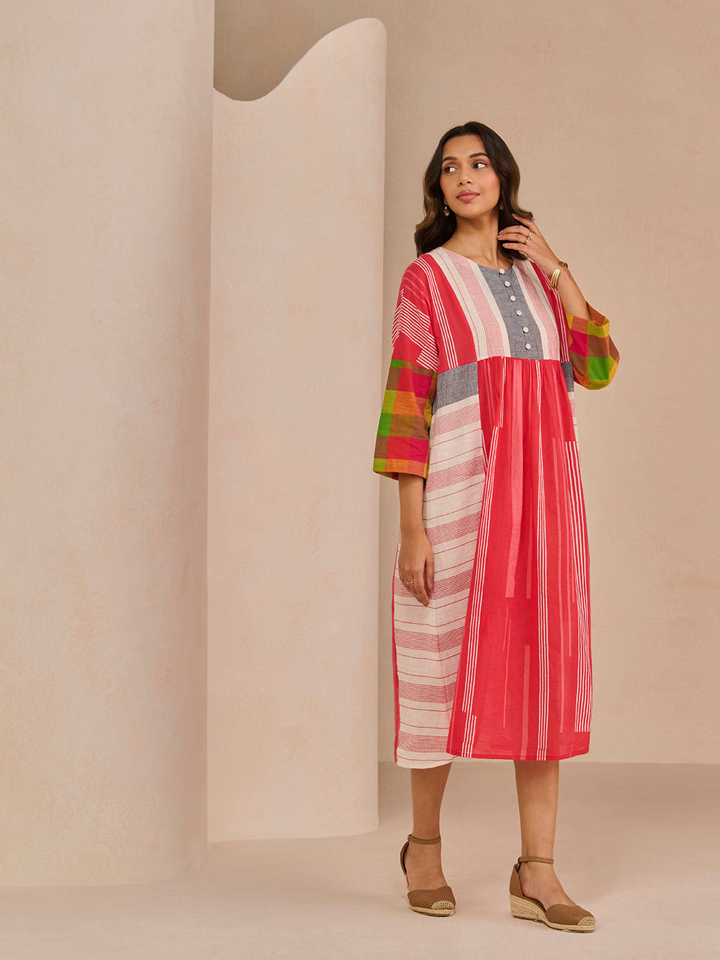 TRIM RED ROUCHA DRESS