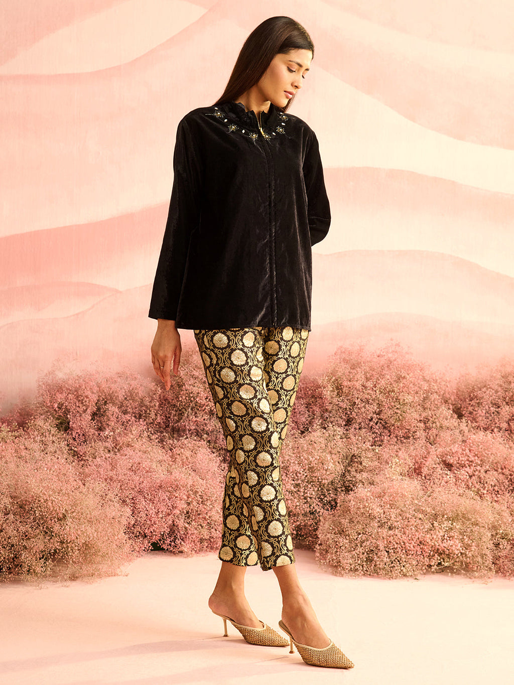 BLACK TRIM VELVET SHIRT