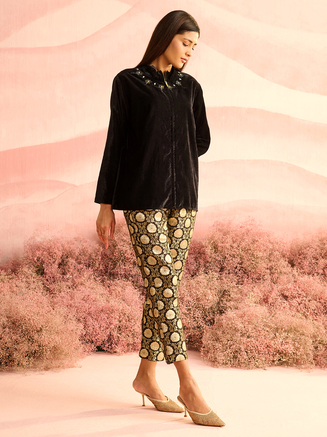BLACK TRIM VELVET SHIRT
