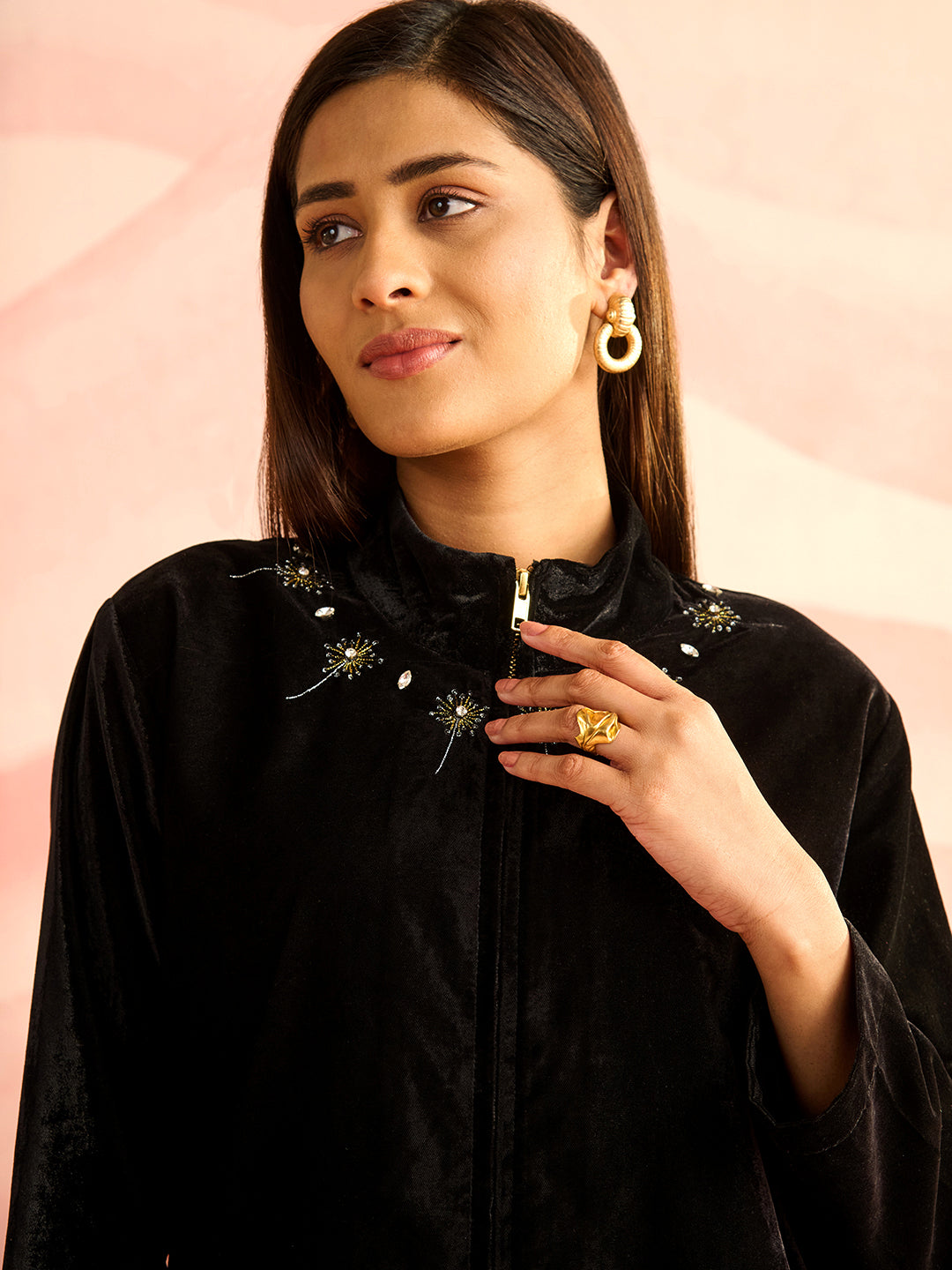 BLACK TRIM VELVET SHIRT