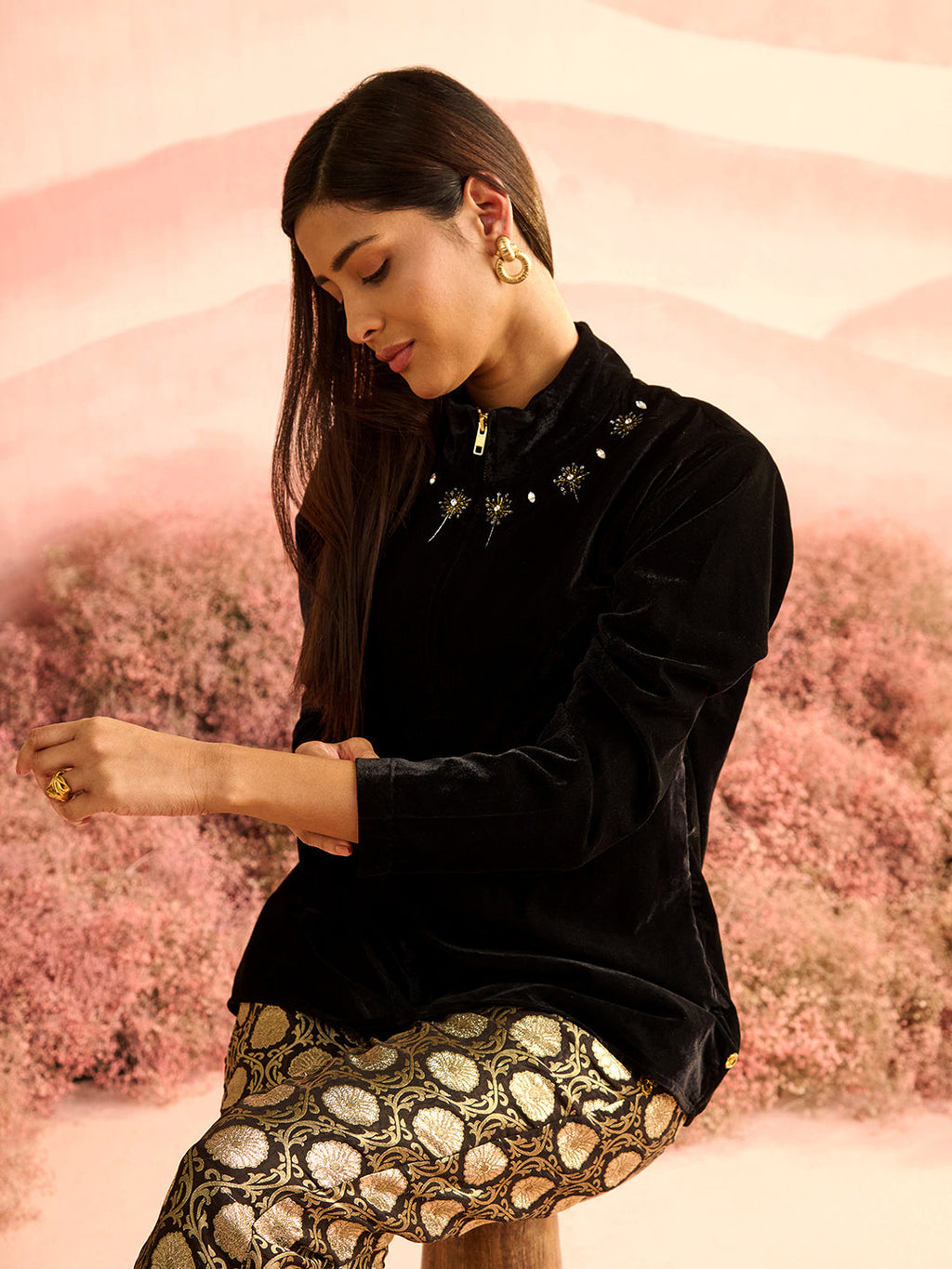 BLACK TRIM VELVET SHIRT