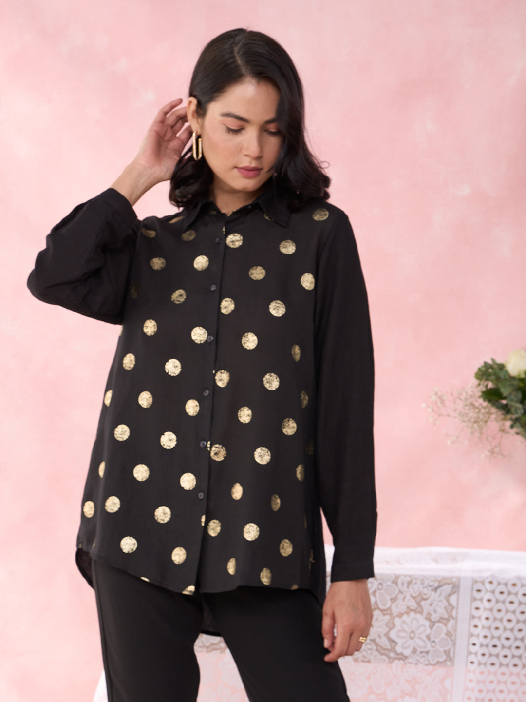 BLACK POLKA FOIL PROM SHIRT