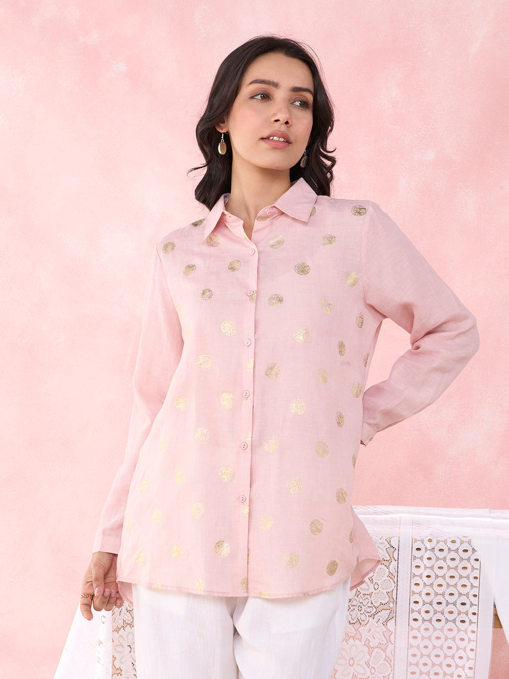 PEACH POLKA FOIL PROM SHIRT