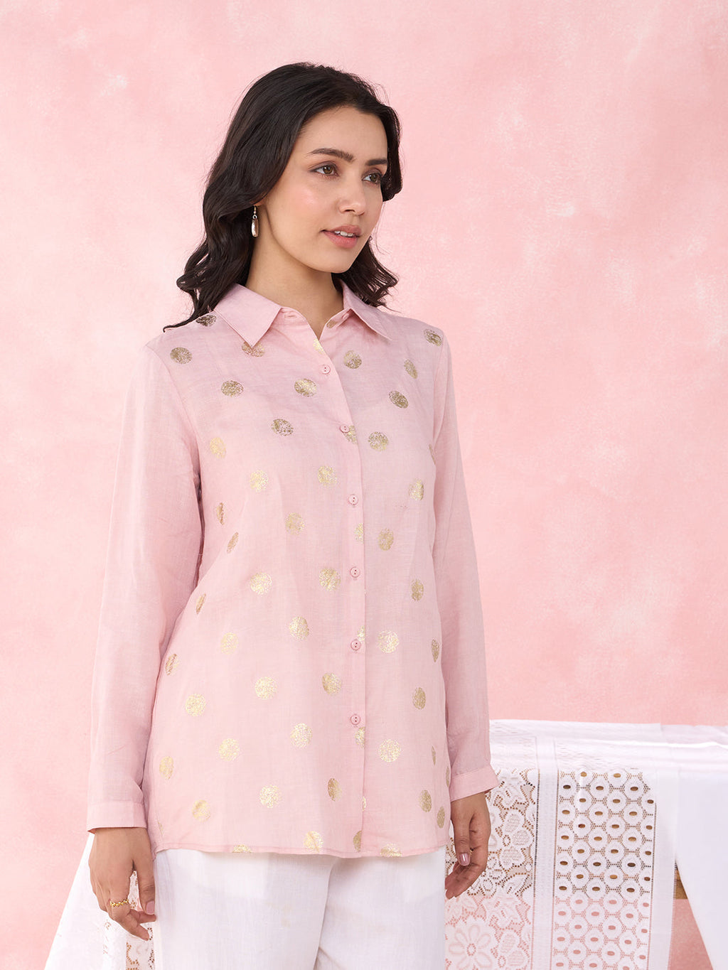PEACH POLKA FOIL PROM SHIRT