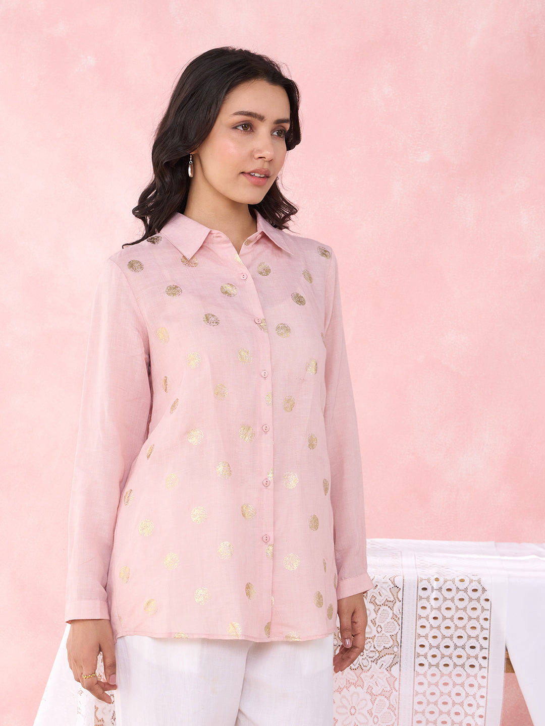 PEACH POLKA FOIL PROM SHIRT
