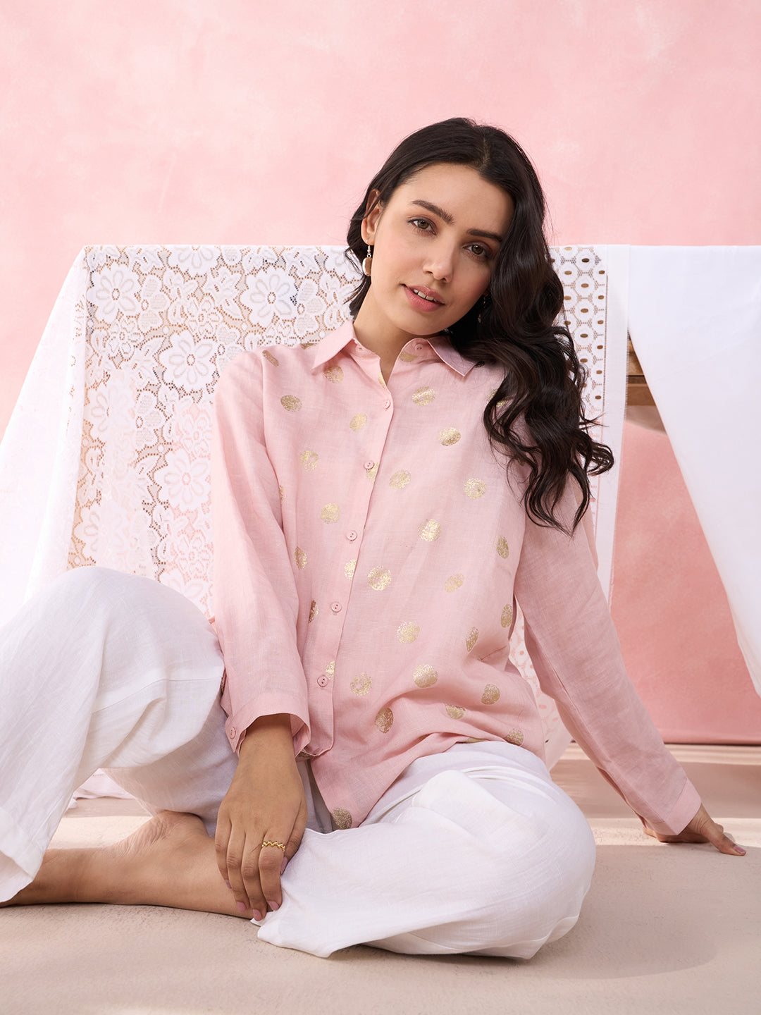 PEACH POLKA FOIL PROM SHIRT