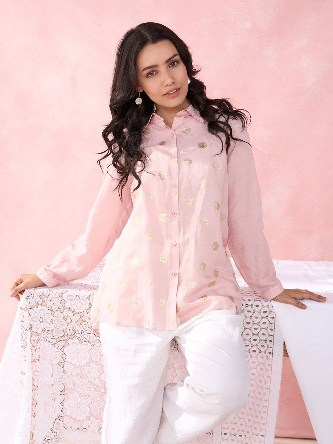 PEACH POLKA FOIL PROM SHIRT
