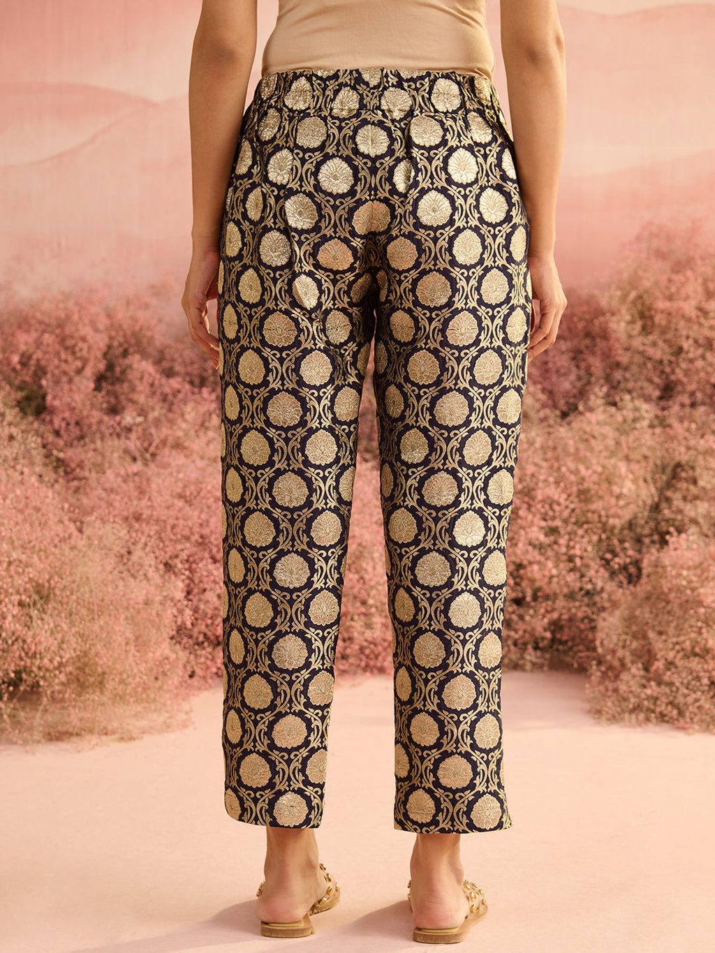 NAVY BROCADE PANTS