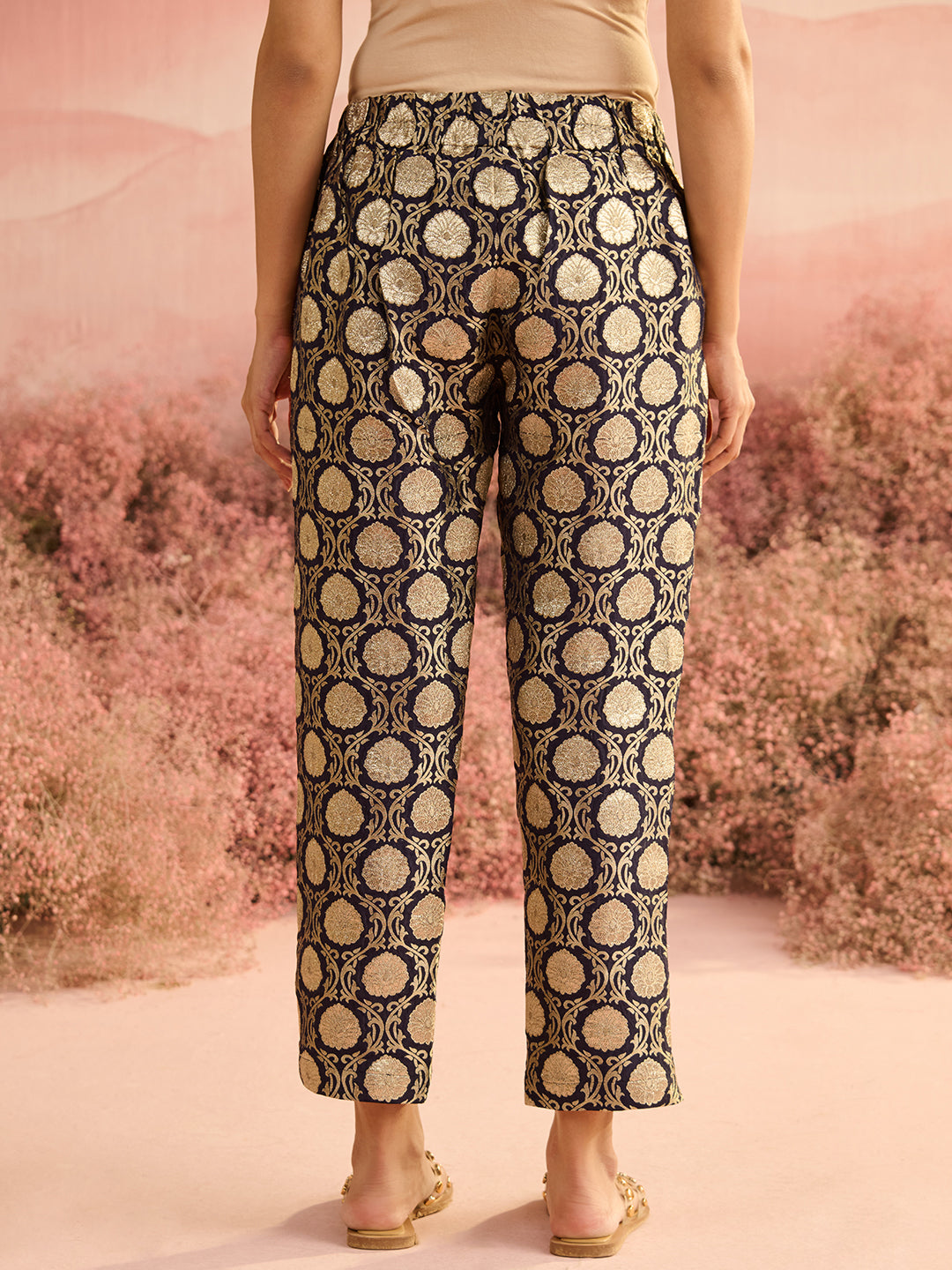NAVY BROCADE PANTS