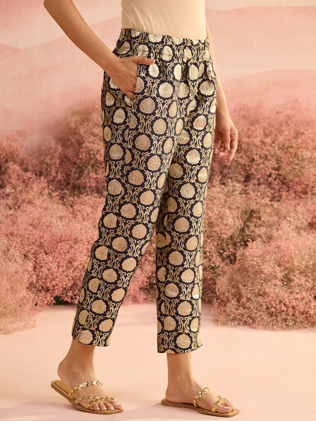 NAVY BROCADE PANTS