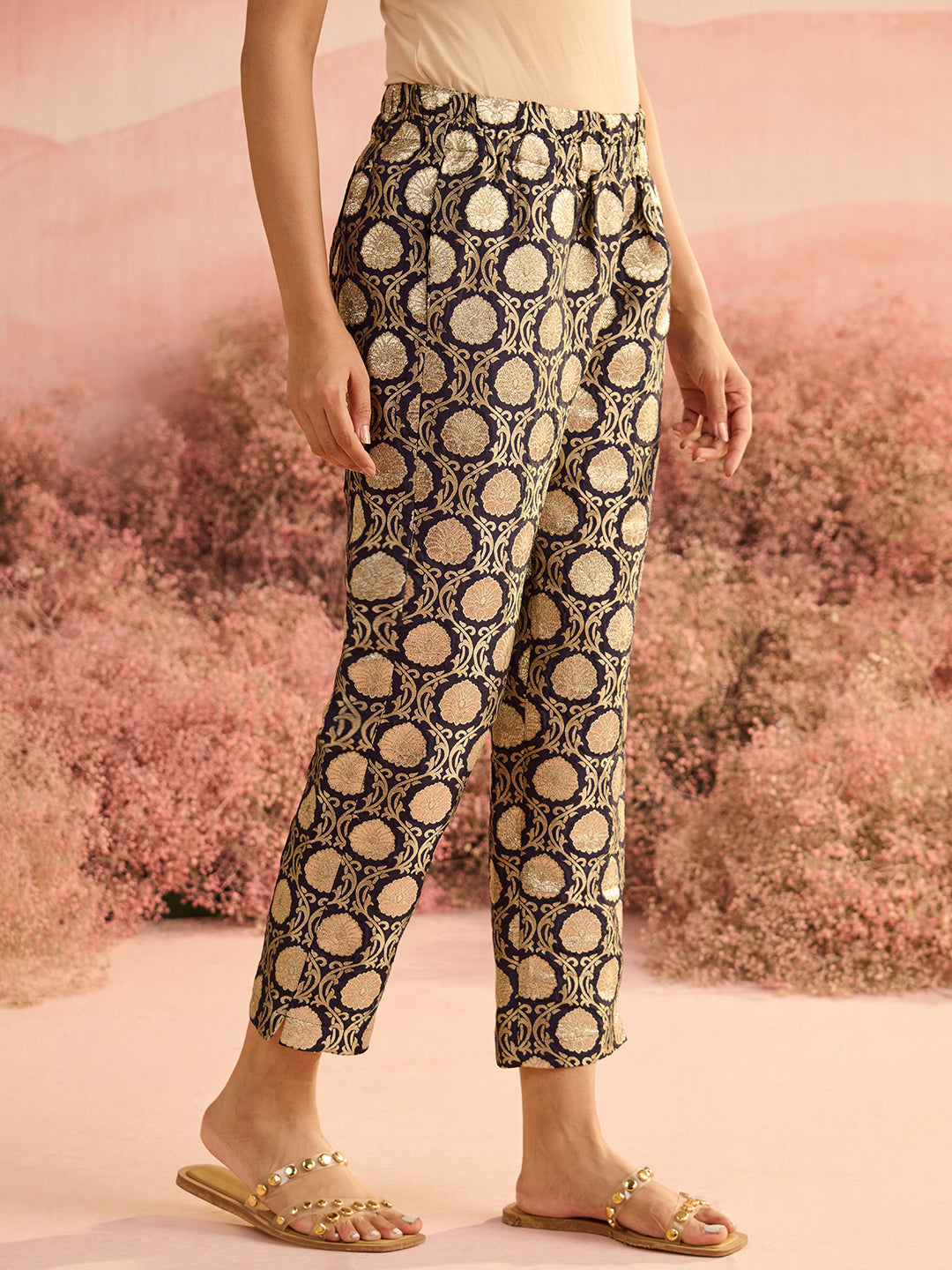NAVY BROCADE PANTS
