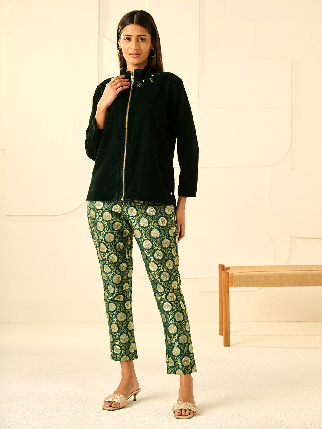 EMERALD GREEN TRIM VELVET SHIRT