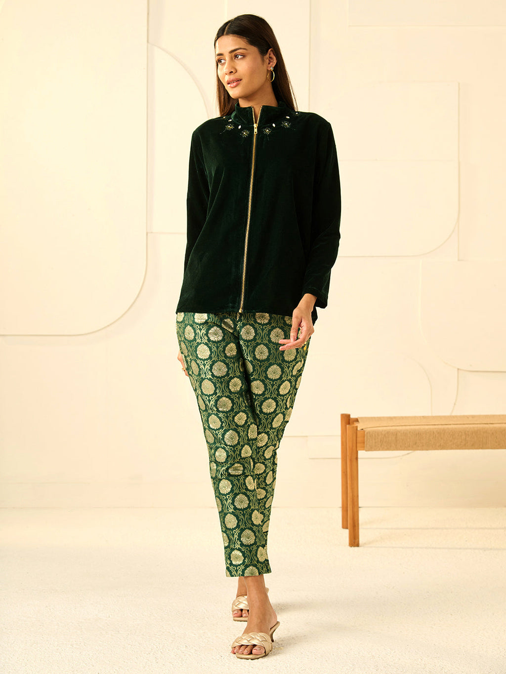 EMERALD GREEN TRIM VELVET SHIRT