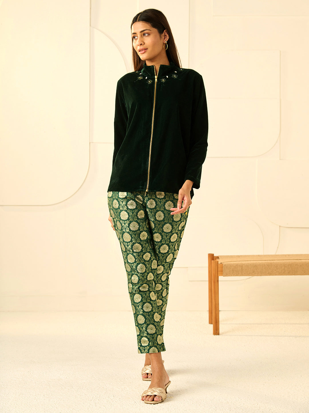 EMERALD GREEN TRIM VELVET SHIRT
