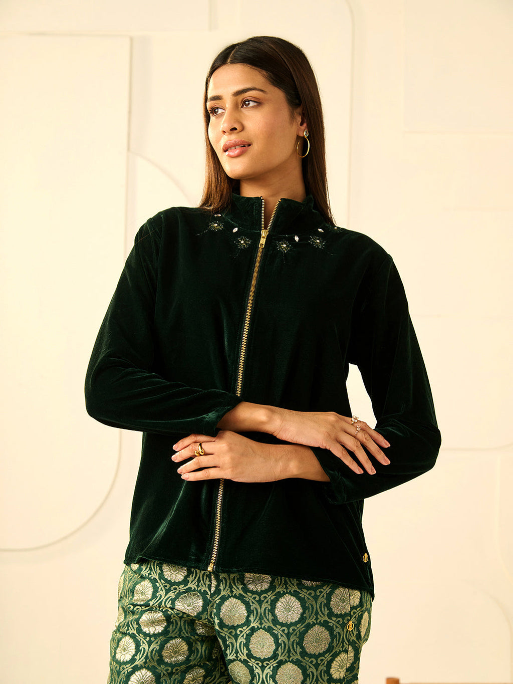 EMERALD GREEN TRIM VELVET SHIRT